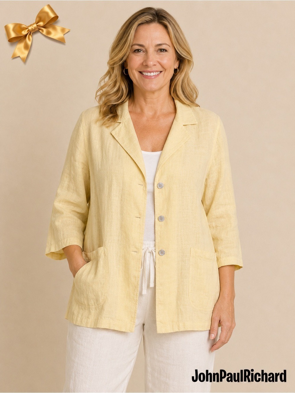 John Paul Richard 100% Linen Uniform Blazer Workwear Jacket Yellow Size Small